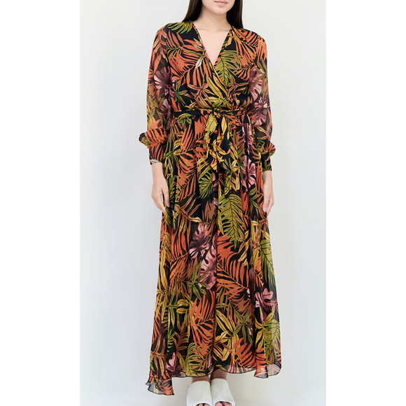 Sky zone exchange Dresses & Skirts - Sheer Tropical Leaf Print Long flutter Sleeve Wrap Maxi Dress autumn botanical
